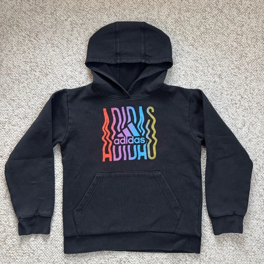 Adidas Boy's (Size M) Black Graphic Long Sleeve Hoodie Pullover Sweatshirt